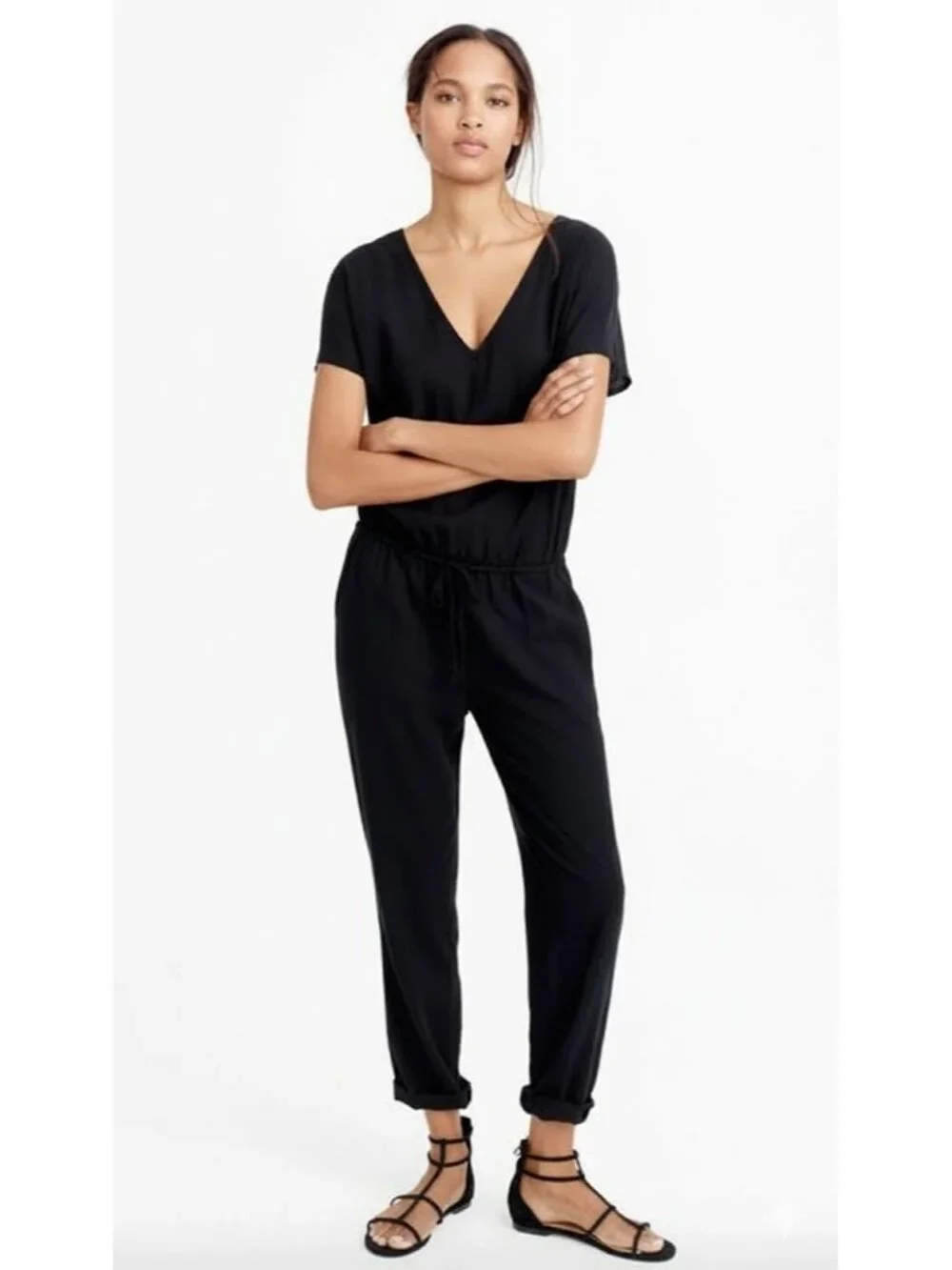 NWT J.Crew Relaxed Jumpsuit in Black Tencel Linen V-neck Jumper XXXS 3XS